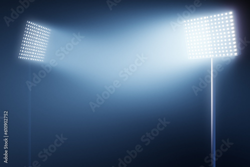 Glowing stadium lights on blue foggy background, mockup. 3D Rendering