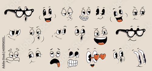 Cartoon retro faces. Vintage emotional face, old style funny eyes and mouth, different facial expression. Vector set