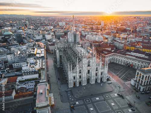 Drone photography Duomo cathedral at sunrise. Italy, Milan aerial view