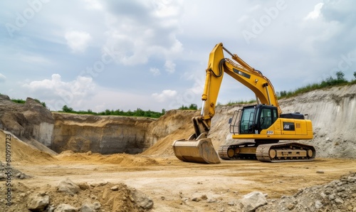 Heavy-duty yellow excavator clearing debris at construction project. Creating using generative AI tools