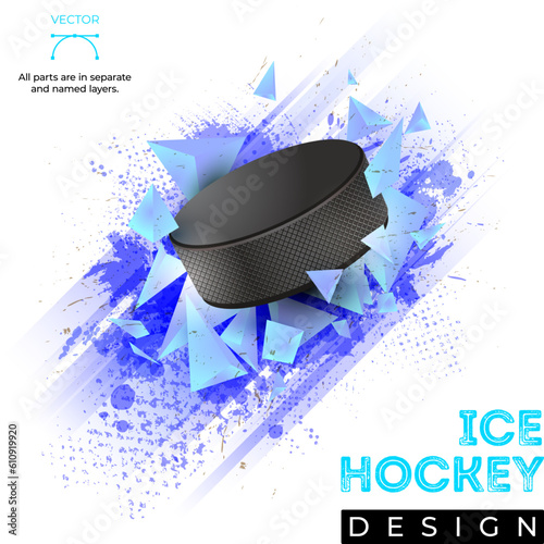 Grungy texture, 3D pyramid shapes and ice hockey puck