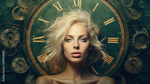 Portrait of a beautiful young woman with long blonde hair and bright makeup over clock vintage background. Beauty, time, fashion. Generative AI.