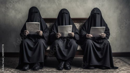 muslim women with black dark burkas sitting and reading books in funeral or wake ceremony. generative ai