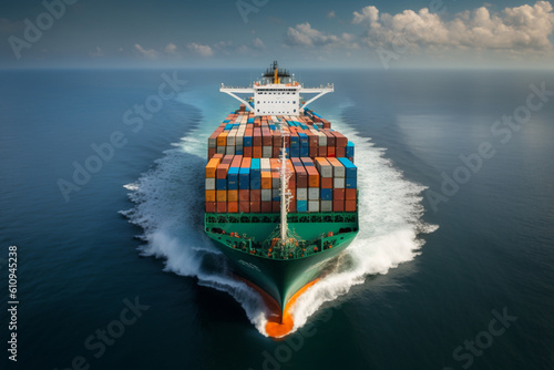 An aerial top view of a container ship in the vast ocean, serving as a vital link for global business logistics, freight shipping, import, export, and international trade. Generative AI.