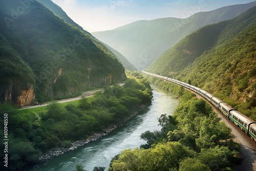Train Traveling Through Lush Green Valley - AI Generative
