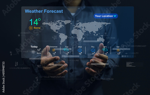 The user's hand check the weather forecast on screen checking the weather during the day, such as temperature, wet dry bulb absulute humidity, relative, atmospheric pressure, UV index and rain fall.