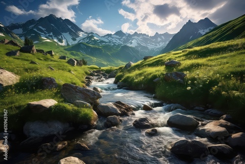 Mountain river photo realistic illustration - Generative AI.