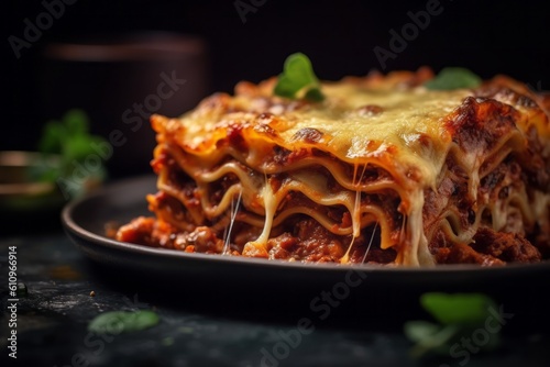 Macro detail close-up photography of a tempting lasagna on a metal tray against a velvet background. With generative AI technology