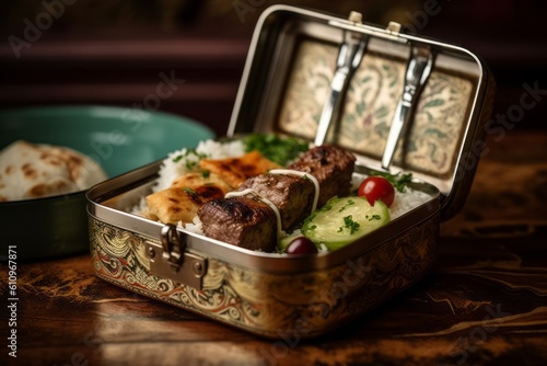 Macro view photography of a tempting kebab in a bento box against a vintage wallpaper background. With generative AI technology