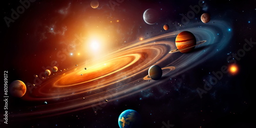 Solar system planet, comet, sun and star. Sun, mercury, Venus, planet earth, Mars, Jupiter, Saturn, Uranus, Neptune. Generative AI