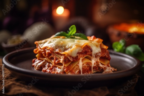 Macro view photography of a juicy lasagna on a rustic plate against a natural brick background. With generative AI technology