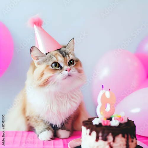8 years old birthday card, cute cat wearing a hat, cake, soft pink girl theme