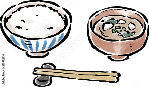 ご飯・味噌汁・箸 筆タッチイラスト