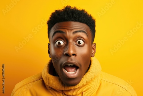 Young black man with surprised face open mouth on yellow background. Generative ai