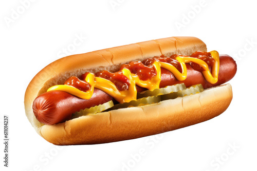 A delicious hot dog with mustard, ketchup and pickles, isolated (Generative AI, Generativ, KI)