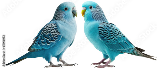 Bundle of two blue parakeets isolated on white background as transparent PNG, generative AI animal
