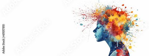 Mental health and creative abstract concept. Colorful illustration of happy womale head in paint splatter style. Mindfulness and self care idea. White background. Copy space. Generative AI.