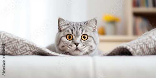 Pregnant thick gray striped scottish fold cat sitting on a table covered with a white cloth , concept of Feline pregnancy, created with Generative AI technology