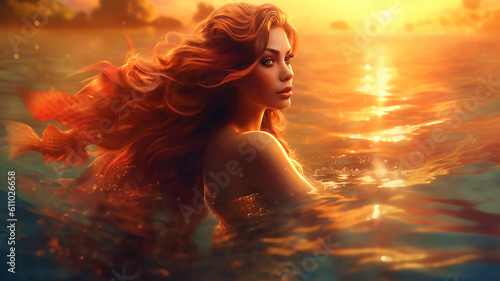 Fantasy woman goldfish , ocean siren, mystic spirit sunset light, generative AI tools 