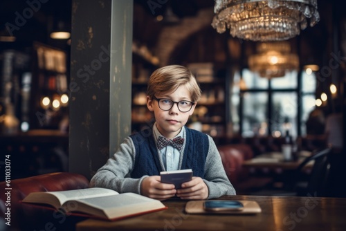 Medium shot portrait photography of a glad kid male reading a book against a lively brewery background. With generative AI technology