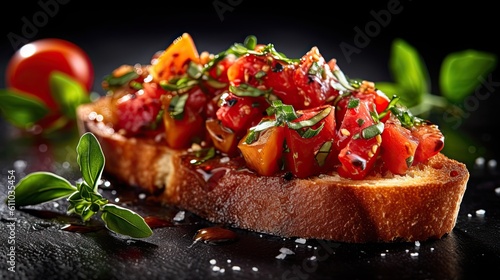 Tomato and basil bruschetta vegetarian meal on dark background. Generative AI