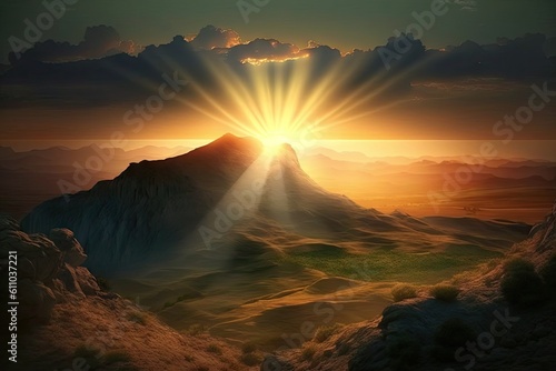 sun setting behind hilltop, casting rays of light over scenic landscape, created with generative ai