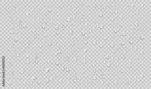 Set of isolated water drops on transparent background. Realistic vector illustration..