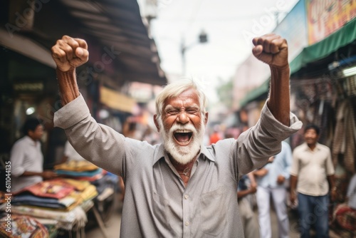 Lifestyle portrait photography of a satisfied old man celebrating with his fists against a bustling outdoor bazaar background. With generative AI technology