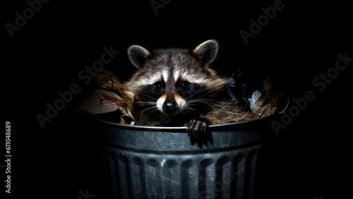 raccoon scavenging for food in the trash, its eyes shining in the darkness, Generative AI