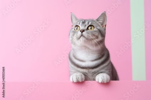 Group portrait photography of a curious american shorthair cat climbing against a pastel or soft colors background. With generative AI technology