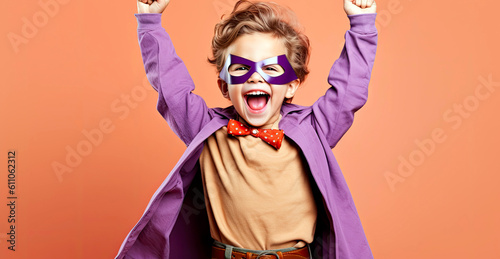 young boy in a superhero costume, striking a triumphant pose with a wide grin, Generative AI