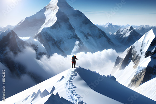 A man conquered a high mountain and stands on the top of the mountain. Alpine climb. The conqueror of the highest mountains, everest. generative AI