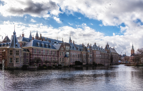 Binnenhof Palace in The Hague (Den Haag) along the Hohvijfer canal, The Netherlands - Dutch Parliament buildings.