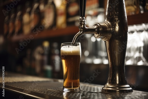 draught beer tap, with the fresh and foamy brew flowing into a glass, created with generative ai