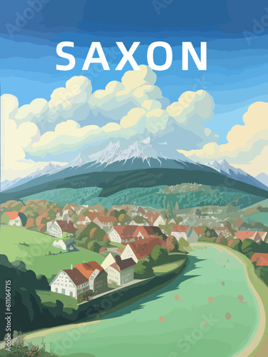 Saxon: Retro tourism poster with a Swiss landscape and the headline Saxon in Valais