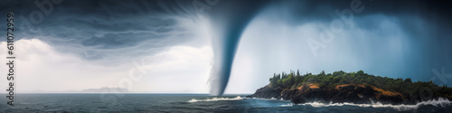 Captivating and powerful waterspout image evoking awe, rising from ocean surface near a picturesque coastal landscape, showcasing nature's impressive force. Generative AI