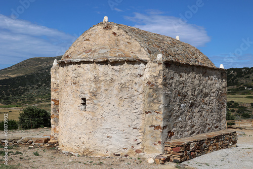Small church at the Demeter Temple of Sangri on the Cyclades island of Naxos-Greece 