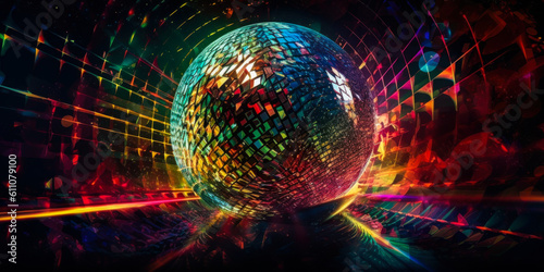 Captivating disco ball image emitting swirling, prismatic light beams, embodying the infectious 70s dance music vibe and unifying power of transcendent tunes. Generative AI