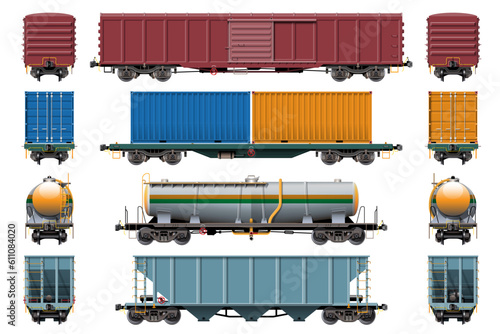VECTOR EPS10 - various freight car, train cargo wagons,side view front and rear, isolated on white background.
