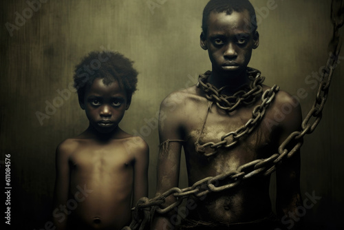 Male prisoner in chain. Child slavery concept. Victim chained in captivity. Created with Generative AI