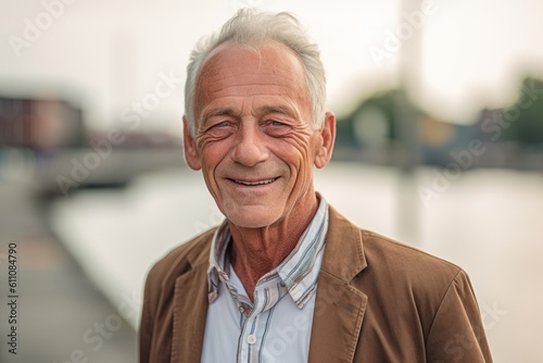 Headshot portrait photography of a glad old man wearing a classy button-up shirt against a riverfront background. With generative AI technology