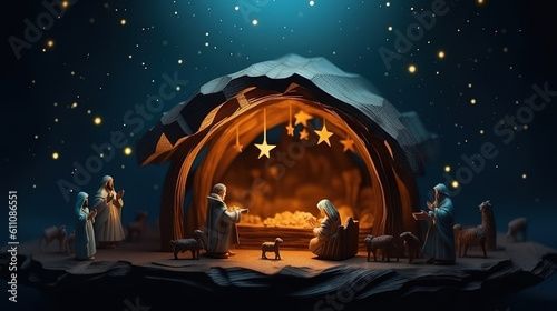 Christmas nativity scene with figures like Jesus, Mary and Joseph. Generative ai