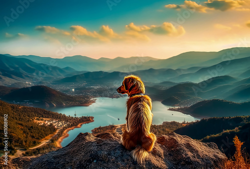 a dog on top of a mountain looking over lake, generative ai