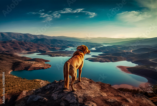 a dog on top of a mountain looking over lake, generative ai