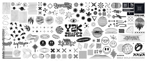 Y2k, Rave, Retrofuturistic concept elements with glitch and liquid effect. Acid Y2K geometric shapes, vaporwave elements from 90s, 80s, 00. Translation of Japanese - future is now. Vector graphic 