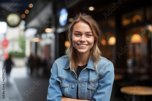 Medium shot portrait photography of a happy girl in her 30s wearing a denim jacket against a bustling cafe background. With generative AI technology