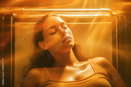 A woman in a lethargic sleep on a metal mortuary shelf. AI generated, human enhanced