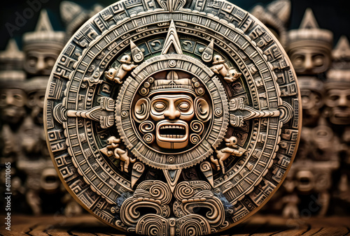 a large wooden aztec calendar with an ancient sigil, generative ai