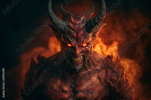 Scary demon with evil look. Glowing eyes, devil inspiration, fear and hell atmosphere. Generative AI