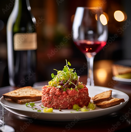 Raw beef tartar with small toasts, microgreens and a glass of red wine on a restaurant table, blurred background. Steak tartar starter, fine dining concept. French cuisine dish
